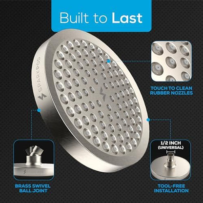 SparkPod Rain Shower Head, 6 Inch Round, Elegant Brushed Nickel Finish