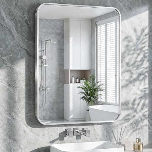 Bathroom Mirror for Wall, 30"x40" Black Bathroom Mirror for Over Sink, Shatterproof Tempered Glass Vanity Mirror with Anti-Rust Aluminum Alloy Frame, Hang Horizontally or Vertically, Silver