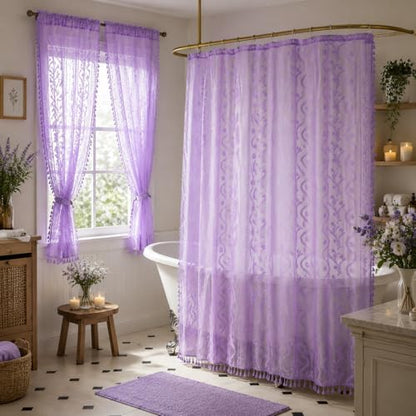 WAZZIO Purple Lace Shower Curtain for Bathroom 72" W x 84" L, Victorian Farmhouse Floral Pattern Tassel Fancy Shower Curtain Boho Washable Cloth Decorative Bath Curtains,1 Panel