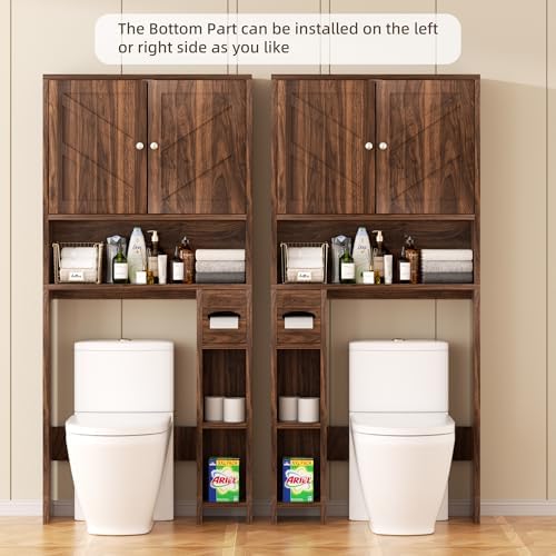 Shintenchi Over the Toilet Storage Cabinet, Bathroom Storage Cabient with Barn Doors, Bathroom Storage Shelf Organizer with Toilet Paper Holder, Adjustable Shelf and Anti-Tip Device, Walnut