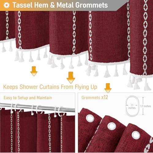 BTTN 72x96 Extra Long Boho Linen Heavy Duty Shower Curtain Set, Burgundy