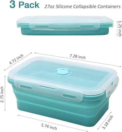 Alimat PluS 27oz Silicone Food Storage Containers, 3 Pack Set 800ml Collapsible Food Storage Containers with Lids(Blue)