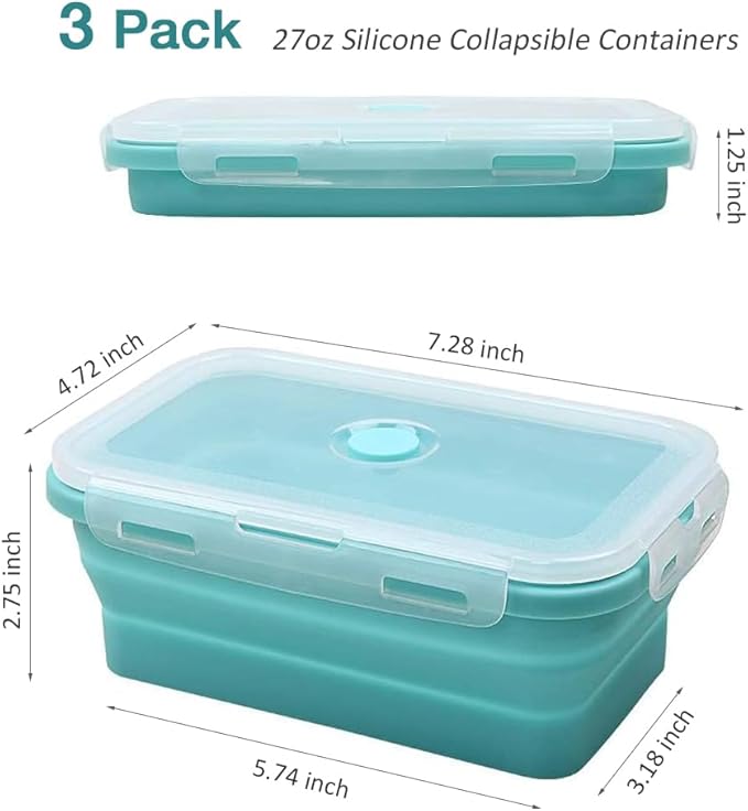 Alimat PluS Silicone Food Storage Containers with Lids, 3 Pack Set 27oz(800ml) Collapsible Meal Prep Lunch Containers, Microwave, Freezer and Dishwasher Safe