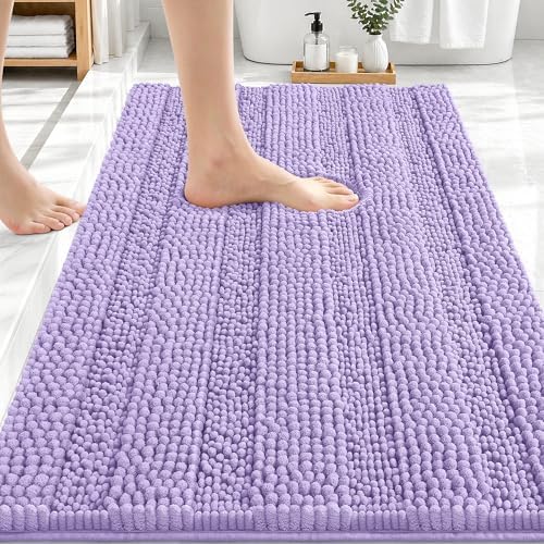 OLANLY Thick Bathroom Rugs 30x20, Soft Chenille Striped Bath Rugs, Lavender