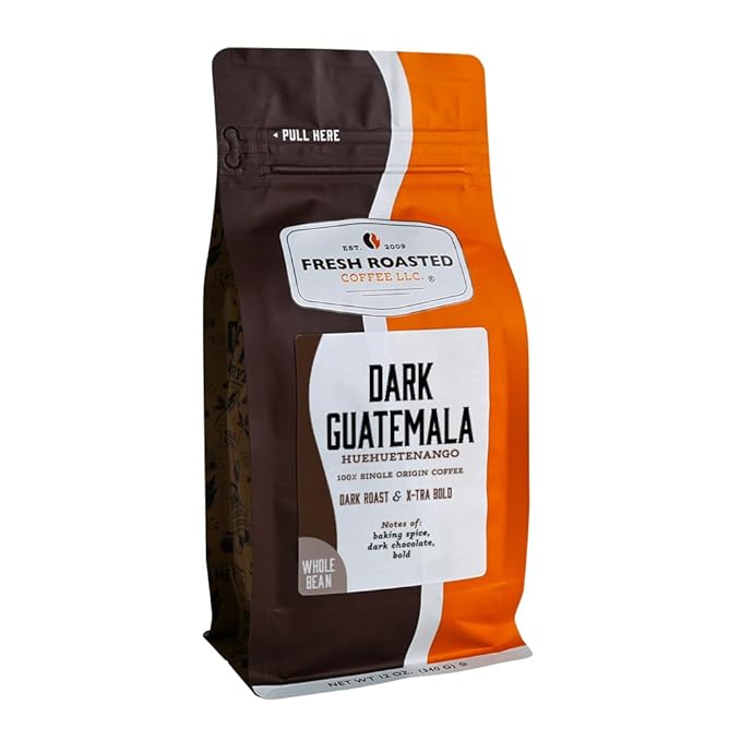 Fresh Roasted Coffee, Dark Guatemala Huehuetenango Whole Bean Coffee, Dark Roast, Single-Origin, Kosher, 12 oz