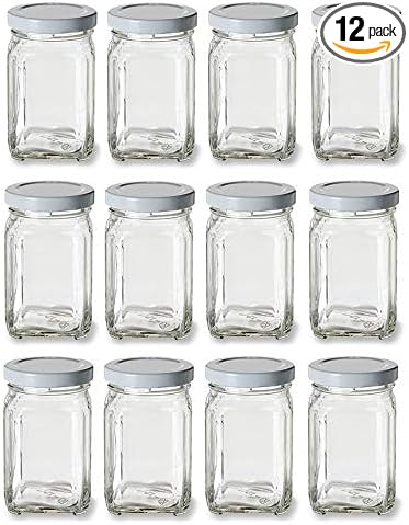 Nakpunar 12 pcs Victorian Square Glass Jars with Plastisol Lined Lids (6 fl oz, White)