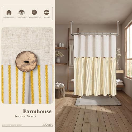 Farmhouse Shower Curtain Linen Button Yellow Stripe 72" W x 72" L