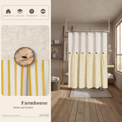 Farmhouse Shower Curtain Linen Button Yellow Stripe 72" W x 72" L