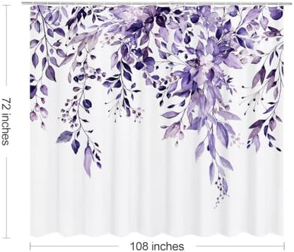 Gibelle Purple Eucalyptus Shower Curtain, Watercolor Floral Print, 108x72