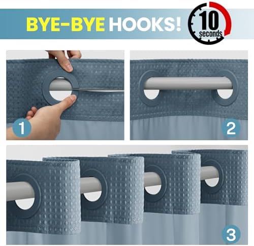 No Hook Waffle Shower Curtain with Snap in Liner Set, 71x74, Stone Blue