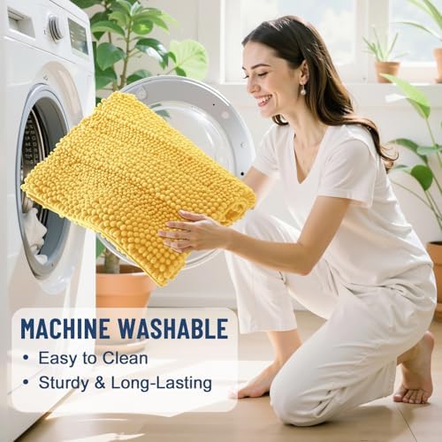 Grandaily Chenille Striped Bathroom Rugs 59x24, Extra Thick and Soft Absorbent Bath Mats, Rubber Backing, Plush Shaggy Shower Carpet, Machine Wash Dry, Bath Rug for Bathroom, Light Yellow