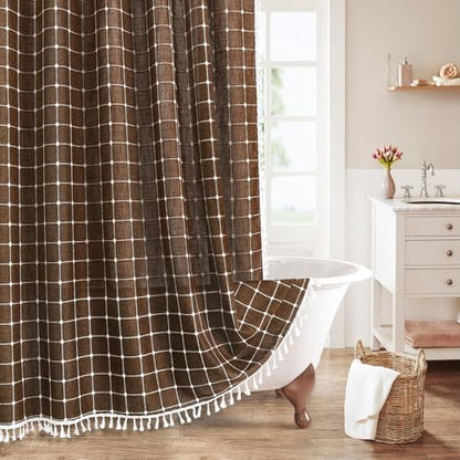 Boho Farmhouse Classic Plaid Linen Tassel Shower Curtain Brown,72x72