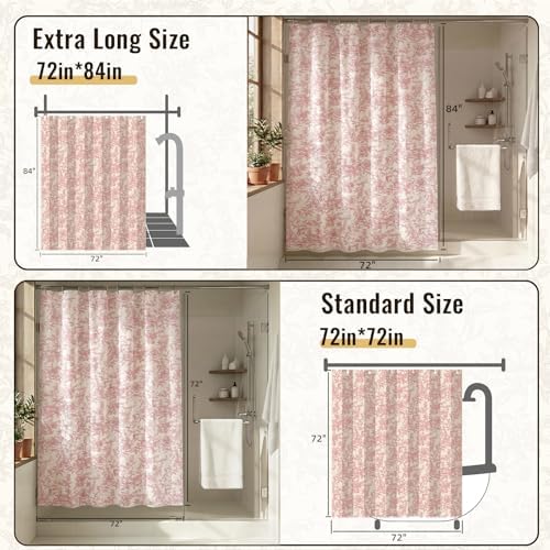 Farmhouse Pink Floral Shower Curtain with 12 Clear Rings 72"W x 72"L
