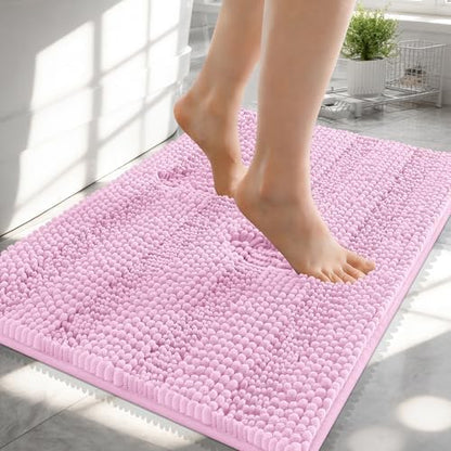 OLANLY Thick Small Bathroom Rugs 24x16, Soft Chenille Bath Rugs, Pink