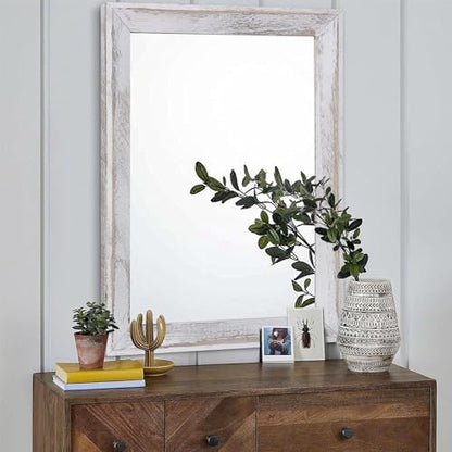 AAZZKANG Mirrors for Wall Rustic Wood Framed Hanging Mirror 28"x20" Decorative for Farmhouse Bedroom Bathroom Living Room Entryway Hallway White