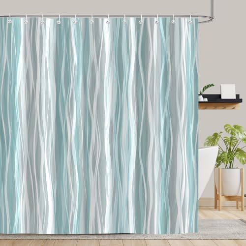Moonslim Teal Grey Ombre Shower Curtain, Modern Wavy Abstract Striped Line Bathroom Curtain, Waterproof Fabric Bath Decor, 72 x 78 Inch