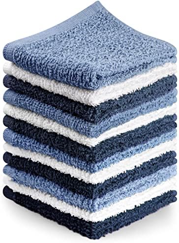 Towel and Linen Mart 100% Cotton - Wash Cloth Set - Flannel Face Cloths, Highly Absorbent and Soft Feel Fingertip Towels (Navy, White & Sky Blue, Pack of 12)