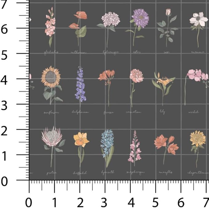 Patchwork Fabric Panel 100x155 cm, 100% Cotton Satin, 6 Coordinated Floral Botanical Patterns, Mustard Yellow & Dark Garden Quilting Fabric (Floral Symphony, 6pcs 50x50cm)