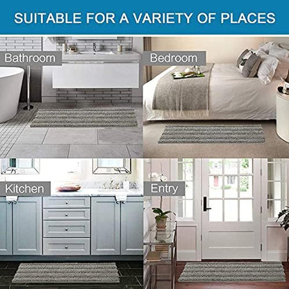 Non Slip Thick Shaggy Chenille Bathroom Rug Mat Set Extra Soft and Absorbent Striped Floor Rugs, 2 Piece, Machine-Washable
