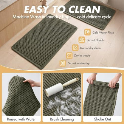 MIULEE Set of 2 Waffle Bathroom Rugs Boho Bath Mat Green 17"x24"+20"x32"