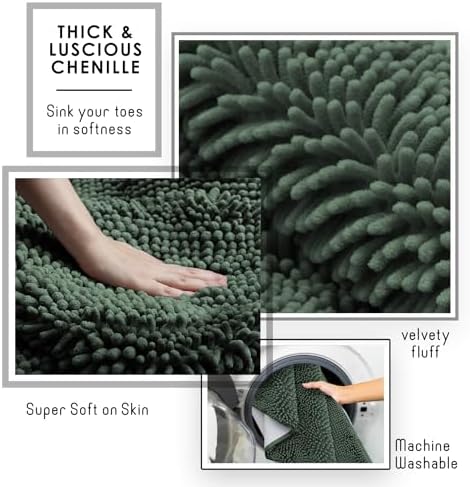 Hearth & Harbor Bathroom Rugs, Chenille Bath Mat - Machine Washable Bath Mats for Bathroom Non-Slip Backing Rubber, Quick Dry Mat - Hunter Green Bath Rug, 17x24-26x44-20x24