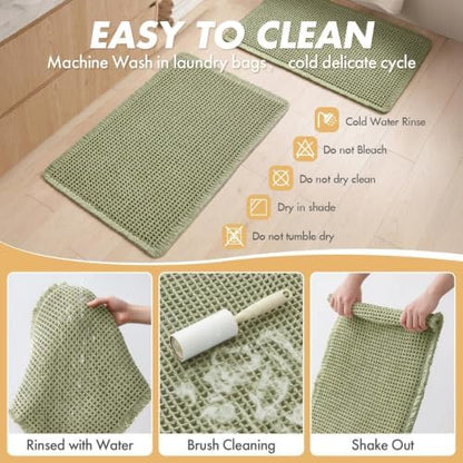MIULEE Set of 2 Waffle Bathroom Rugs Boho Bath Mat Sage Green 20x32 Inch