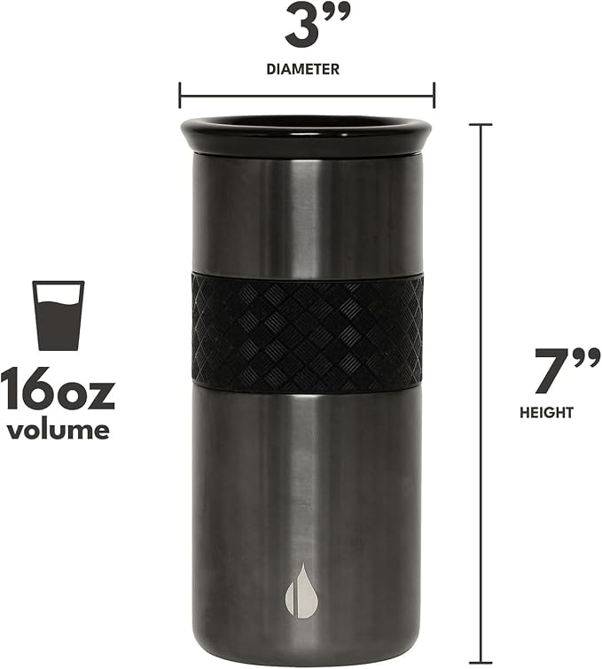 Elemental Artisan Insulated Tumbler, Triple Wall Coffee Travel Mug, Reusable Stainless Steel Coffee Tumbler with Ceramic Lid, Thermal Coffee Cups for Hot (6 Hrs) & Cold (18 Hrs), 16oz - Gunmetal