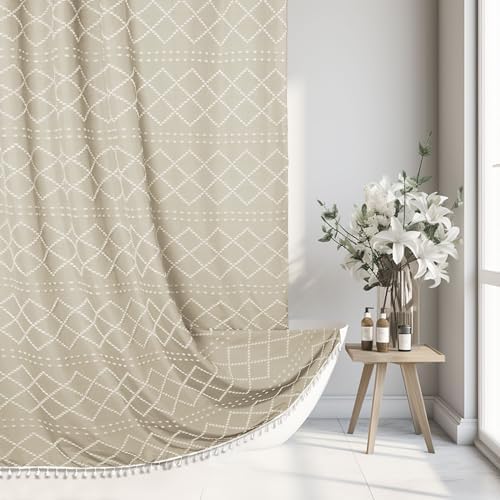 Siiluminisoy Extra Long Beige Boho Woven Fabric Cute 84 Inch Tufted Chevron Textured Striped Modern Farmhouse Minimalist Cloth Shower Curtain for Bathroom