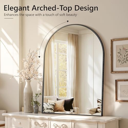 Arched Bathroom Mirror for Wall, 55" x 30" Metal Frame Vanity Mirror, Black