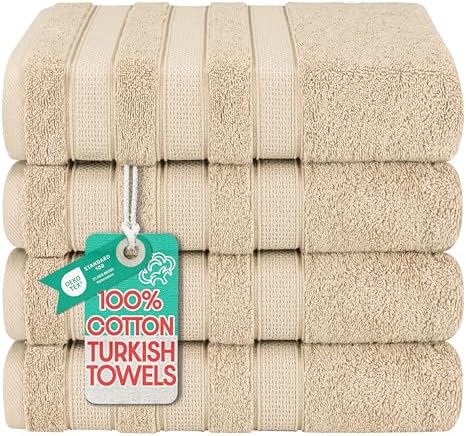 American Soft Linen Salem 100% Cotton Turkish 4 Piece Bath Towels for Bathroom, 600 GSM Soft Absorbent Quick Dry Bath Towel Set, Beige