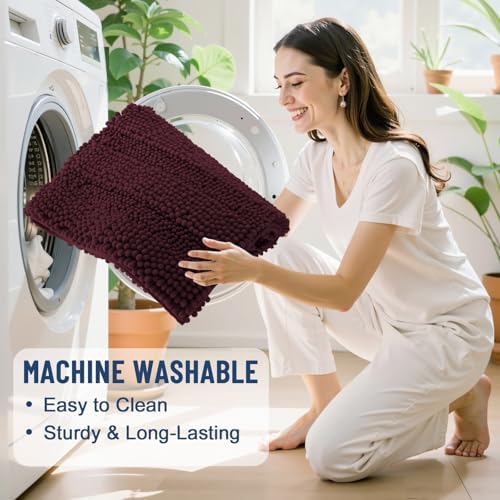 Grandaily Chenille Striped Bathroom Rugs 36x24, Extra Thick and Soft Absorbent Bath Mats, Rubber Backing, Plush Shaggy Shower Carpet, Machine Wash Dry, Bath Rug for Bathroom, Black Cherry