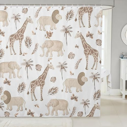 Feelyou Safari Animal Shower Curtain Kids Boys Elephant Lion Giraffe Bathroom Waterproof Accessories with 12 Hooks 72x78 Inches Hunter Brown Rust Wildlife Room Decor