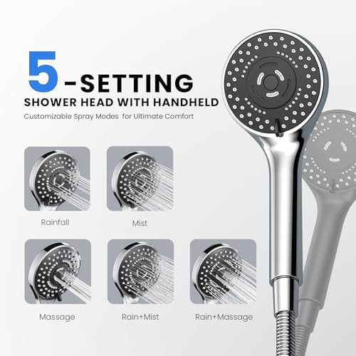 Chrome Rain Shower Head with Handheld Shower Head, 5 Spray Modes