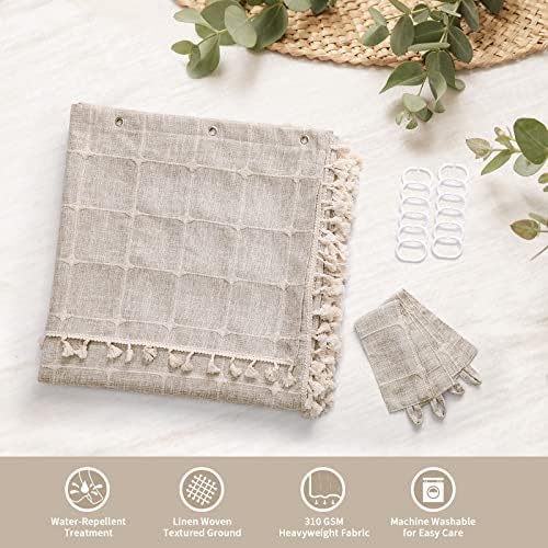 Boho Farmhouse Classic Plaid Double Swag Tassel Shower Curtain Tan,72x72