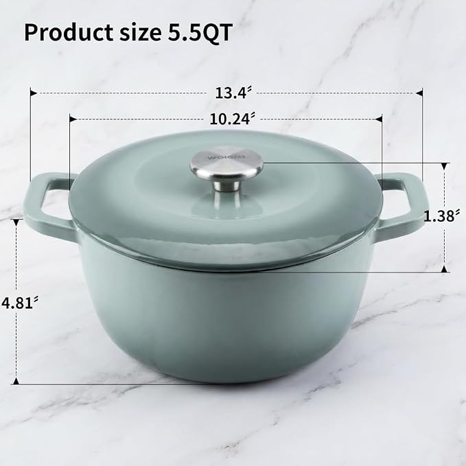 5.5QT Enamel Cast Iron Dutch Oven with Lid,Dual Handles,Versatile Heavy-Duty Non-toxic Cookware for Sourdough Bread Baking,Braising,Stews,Roasting,Oven Safe up to 500°F green