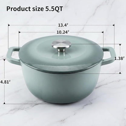 5.5QT Enamel Cast Iron Dutch Oven with Lid,Dual Handles,Versatile Heavy-Duty Non-toxic Cookware for Sourdough Bread Baking,Braising,Stews,Roasting,Oven Safe up to 500°F green