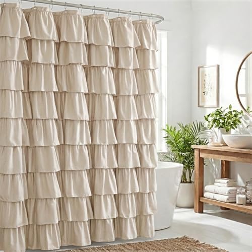 Seasonwood Small Beige Ruffle Shower Curtain Natural Farmhouse, 72"x72"