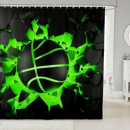 jejeloiu Basketball Bath Curtain Boys Girls 72"x84" Gaming Sports Shower Curtain for Kids Women Men Waterproof Green Ombre Bathroom Shower Curtain Set Gift for Basketball Lover
