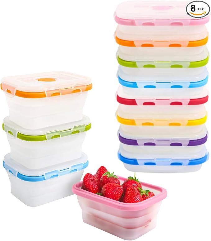ECOBERI Collapsible Food Storage Containers, Silicone Small 8 Piece 12 oz Set, BPA-Free Food Storage with Airtight Lids, Space-Saving Lunch Containers, Freezer and Dishwasher Safe