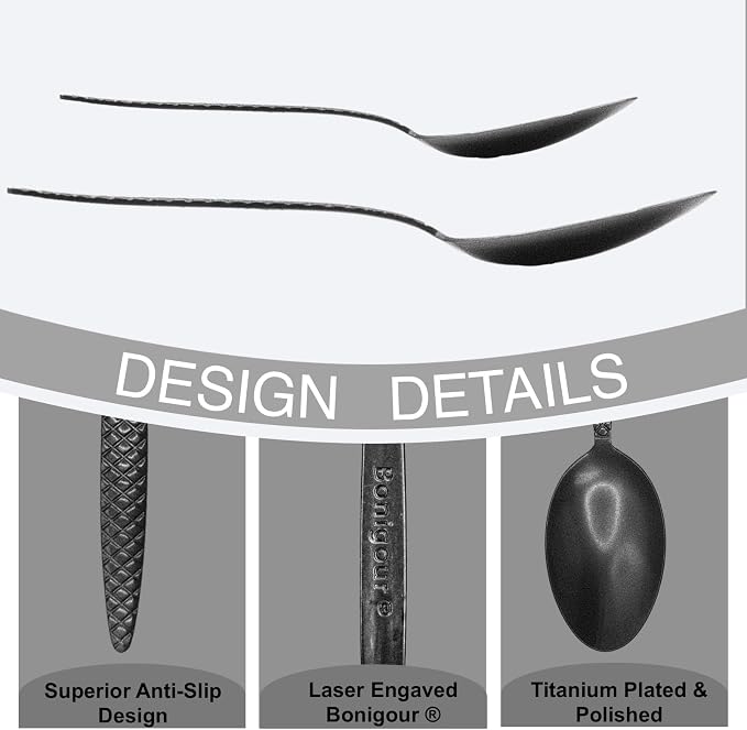 Kunz Spoons - 2 Pack Professional Chef Spoon Set for Basting, Plating, Quenelle, Serving, Sauces| Vintage-inspired 8" & 9" Spoon Set| Culinary Plating Tools with Non-Slip Grip (Matte Black)