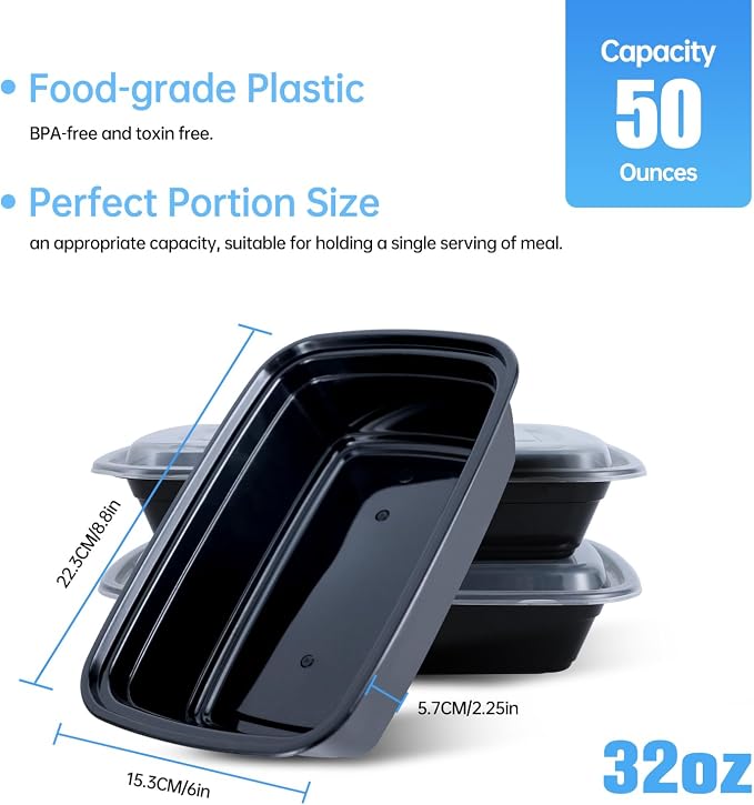 50 Pack (100 Pieces) 32oz Meal Prep Containers with Lids, Reusable Plastic Food Storage & Take Out Boxes - BPA-Free, Leakproof, Microwave, Dishwasher, Freezer Safe for Lunch, To Go
