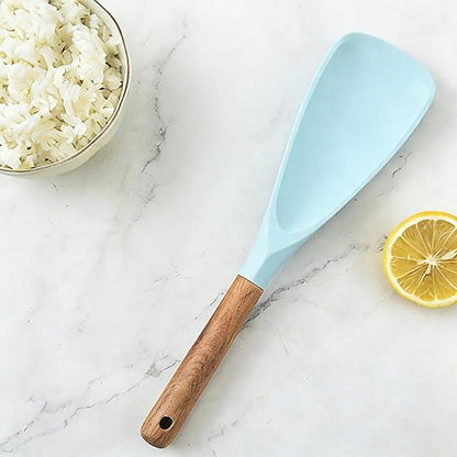 2 Pcs Wooden Handle Silicone Cooking Spoon Set for Nonstick Cookware Cooking, Baking, Stirring ，BPA-Free Heat-Resistant Spatula for Mixing, Flipping, Scraping (Black+Blue)