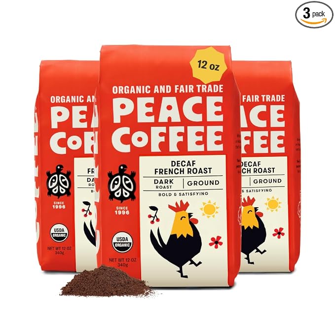 Peace Coffee Decaf French Roast, Ground Dark Roast Coffee, 12 oz, Pack of 3, Organic Fair Trade, Nutty, Bold Flavor, Shade Grown, Fresh Roasted
