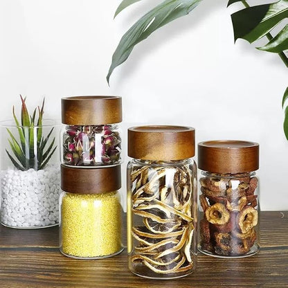 Sixhaven Wide Mouth Glass Storage Jars With 2.5" Acacia Wood Lids - Starter Pantry Set - 8 Jars - 4 Sizes - Food Storage Containers - Pantry Organizers and Storage (8, Transparent, Starter Pantry Set)