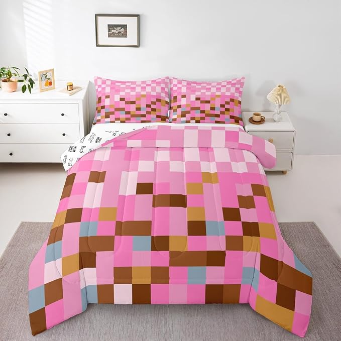 Manfei Pixelated Grid Kids Comforter Set,Miners Games Gamepad All Season Bedding Set for Girls Bedroom Decor,Geometric Grid Square Pink Blocks Comforter 2 Pcs with 1 Pillowcase,Toddler Size
