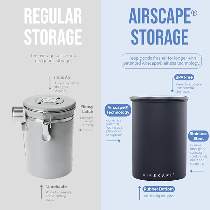 AirScape Planetary Design Stainless Steel Coffee Canister | Food Storage Container | US Patented Airtight Lid | Push Out Excess Air Preserve Food Freshness (Small, Brushed Steel)