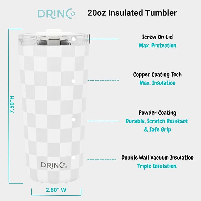 Drinco - 20 oz Stainless Steel Tumbler | Double Walled Vacuum Insulated Mug With Lid, 2 Straws, For Hot & Cold Drinks (20oz Checker)