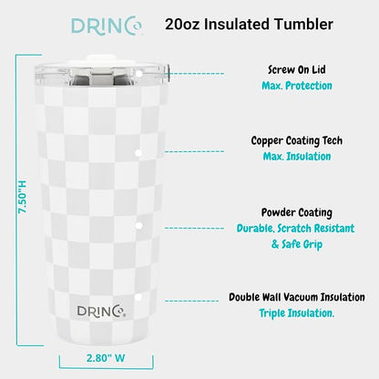 Drinco - 20 oz Stainless Steel Tumbler | Double Walled Vacuum Insulated Mug With Lid, 2 Straws, For Hot & Cold Drinks (20oz Checker)