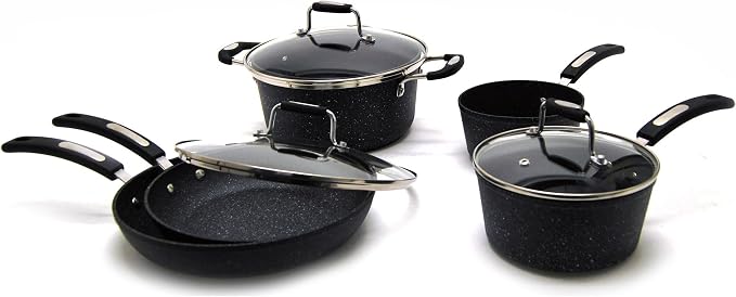 Starfrit The Rock Terra Ceramic Non-Stick Cookware Set, 8-Piece, Chemical-Free, Oven and Dishwasher Safe, with Saucepans, Stockpot, and Fry Pans, Black Marble