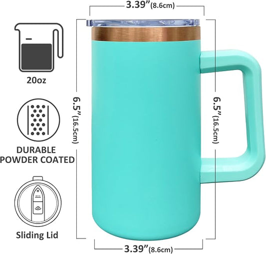 20 oz Insulated Coffee Mug with Lid, Stainless Steel Coffee Tumbler Bulk, Double Wall Vacuum Travel Mug with Handle, Leakproof Powder Coated Coffee Cups for Hot and Cold Drinks (Mint Green,1 pack)